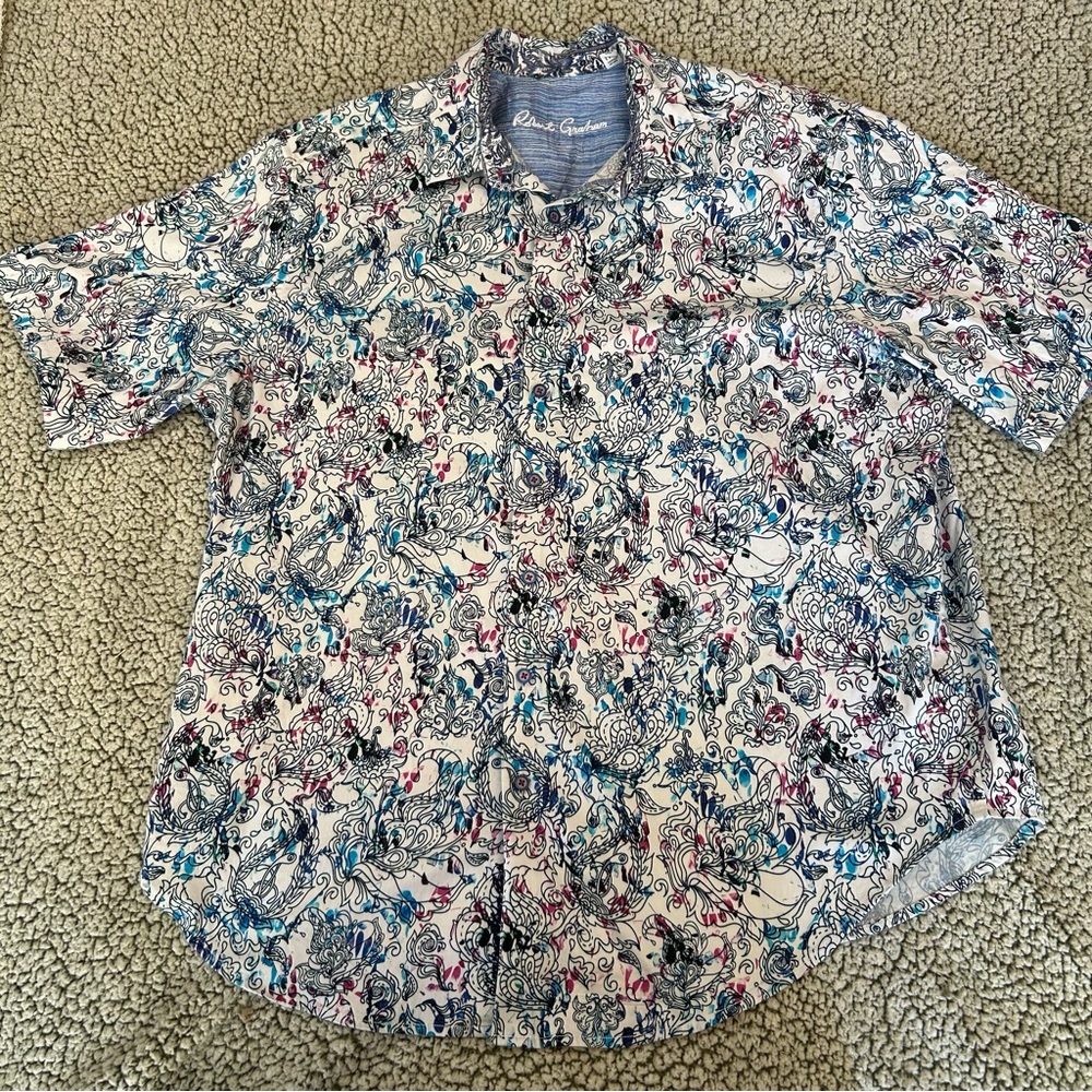Robert Graham short sleeve button up shirt paisley colorful art 1XL